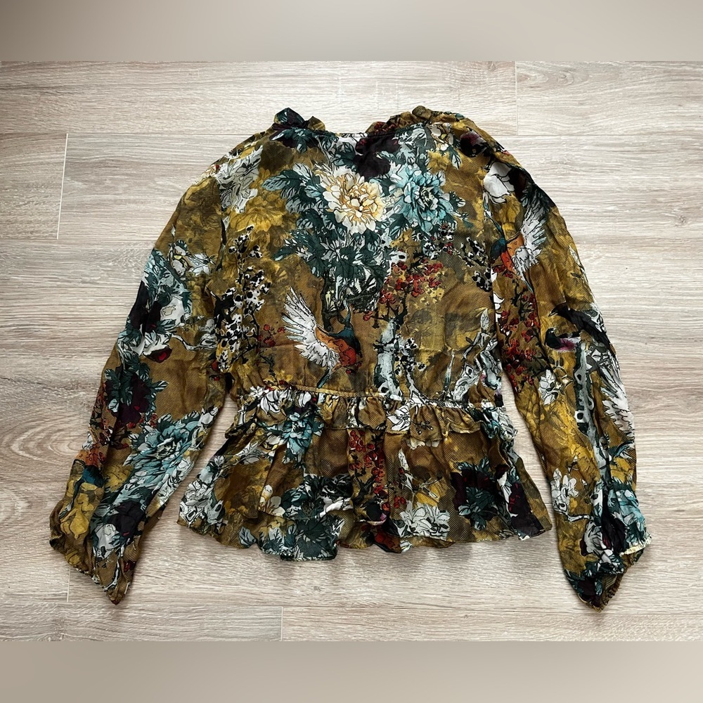 Hemant & Nandita Women’s Blouse Keystone 100% Silk Peplum Ruffle - Size Small - Picture 7 of 7